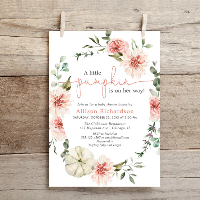 Little pumpkin fall blush pink floral greenery invitation | Zazzle