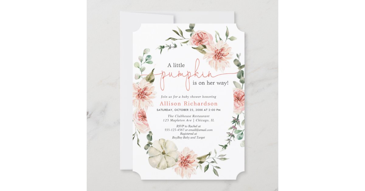 Little pumpkin fall blush pink floral greenery invitation | Zazzle