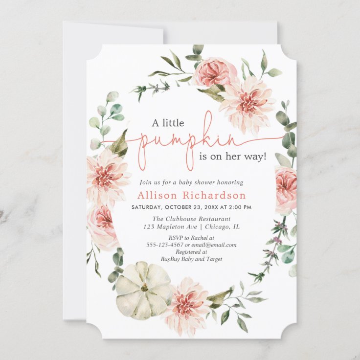 Little pumpkin fall blush pink floral greenery invitation | Zazzle