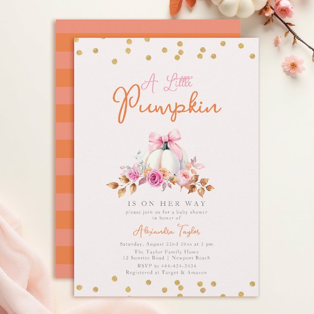 Little Pumpkin Fall Coquette Bow Girl Baby Shower Invitation (fall baby shower invitation girl little pumpkin floral botanical watercolor pink bow)