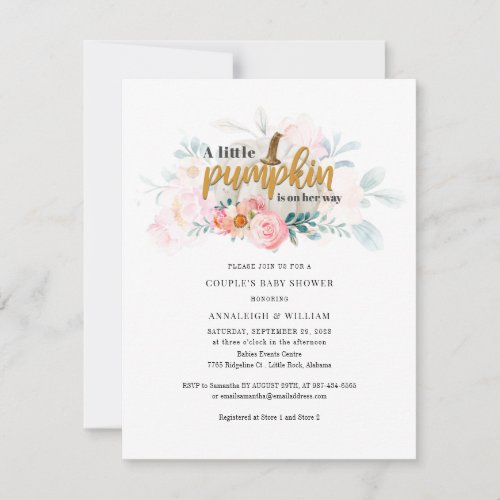 Little Pumpkin Fall Couple Baby Shower Pink Floral Invitation