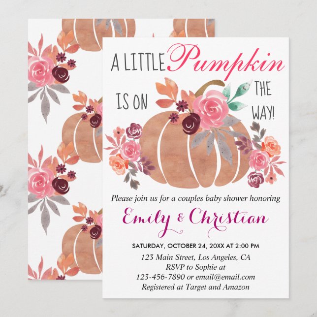 Little Pumpkin Fall Couples Baby Shower Floral Invitation (Front/Back)