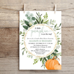 Little pumpkin fall couples greenery baby shower invitation