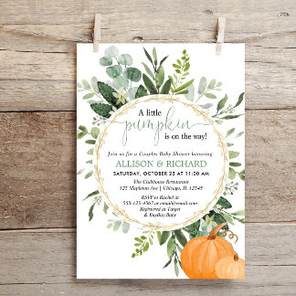 Little pumpkin fall couples greenery baby shower invitation