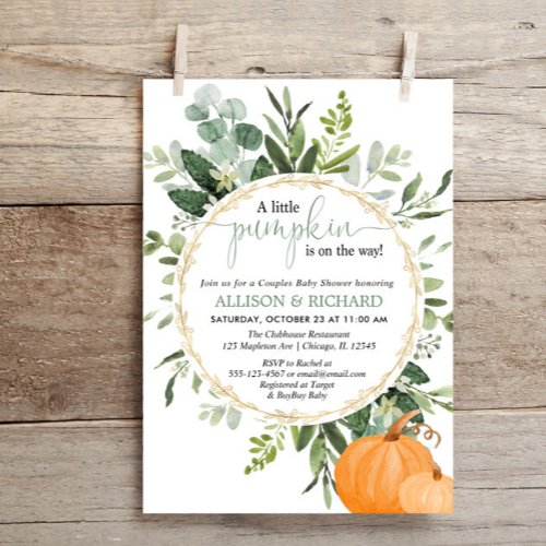 Little pumpkin fall couples greenery baby shower invitation
