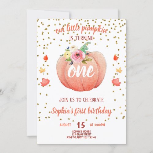 Little Pumpkin Fall First Birthday Girl Gold Invitation