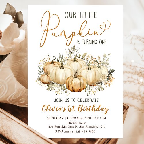 Little Pumpkin Fall Floral 1st Birthday Party Invitation