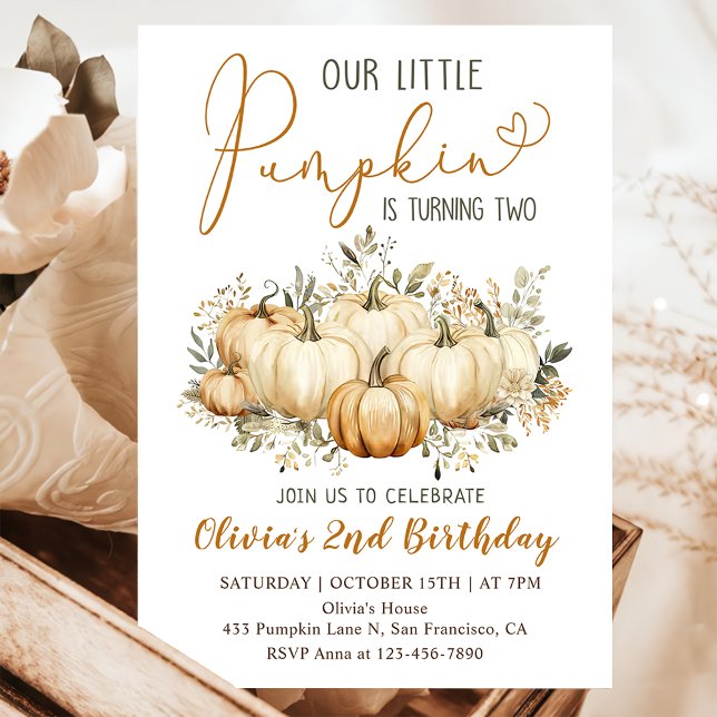 Little Pumpkin Fall Floral 2nd Birthday Party Invitation (Creator Uploaded)