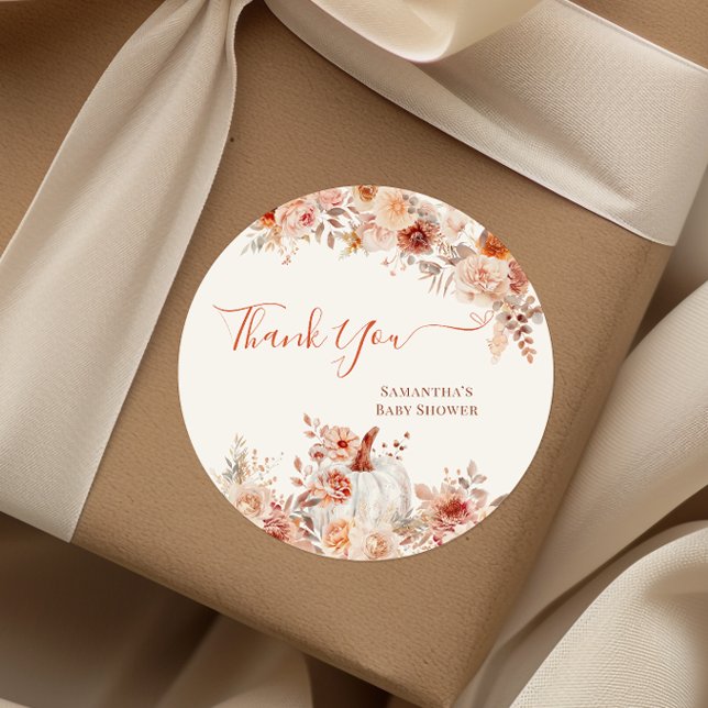 Little Pumpkin Fall Floral Baby Shower Classic Round Sticker (Creator Uploaded)