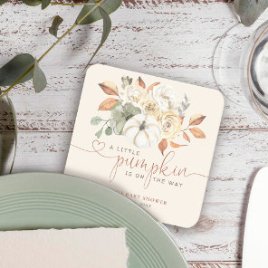 Little Pumpkin Fall Floral Baby Shower Square Paper Coaster