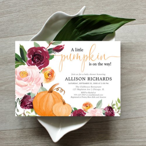 Little pumpkin fall floral girl baby shower invitation
