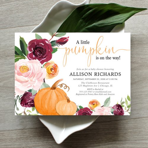 Little pumpkin fall floral girl baby shower invitation