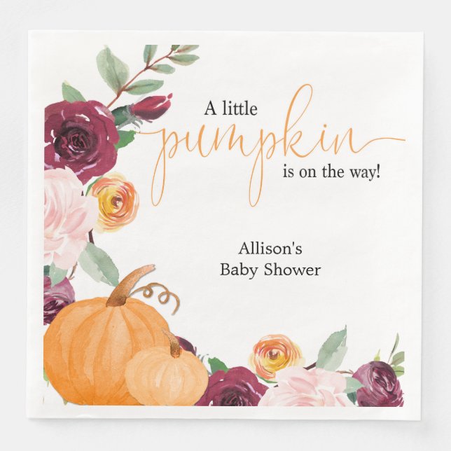 Little pumpkin fall floral girl baby shower paper dinner napkins (Front)