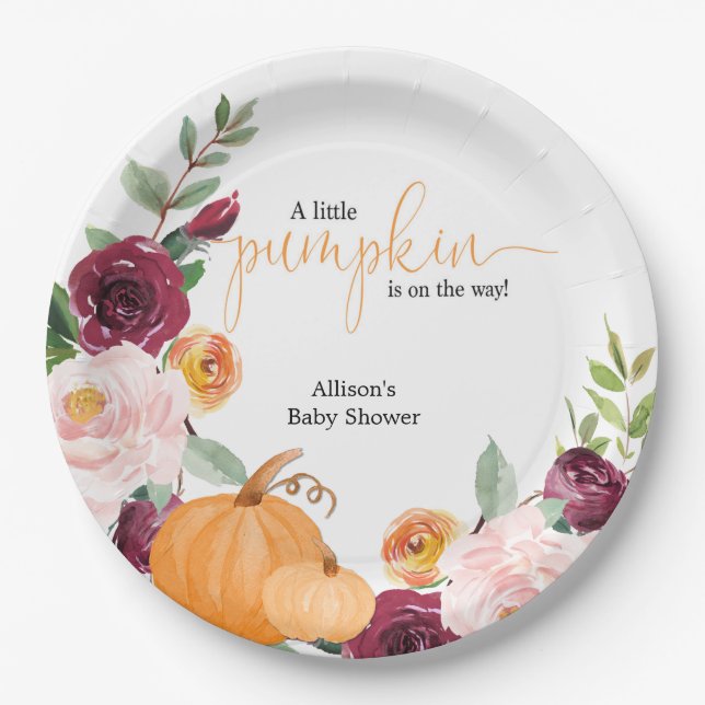 Little pumpkin fall floral girl baby shower paper plates (Front)