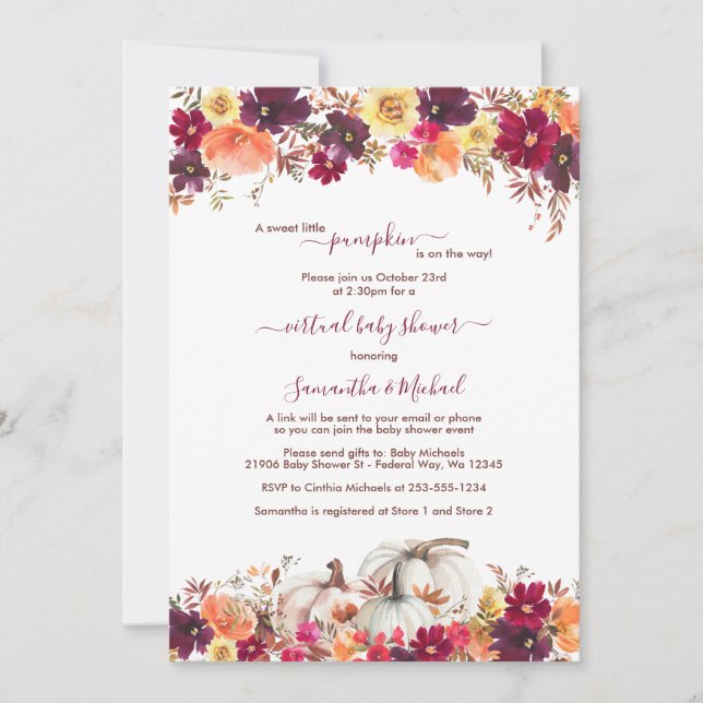 Little Pumpkin Fall Floral Virtual Baby Shower Invitation (Front)
