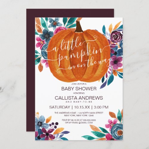 Little Pumpkin Fall Floral Watercolor Baby Shower Invitation