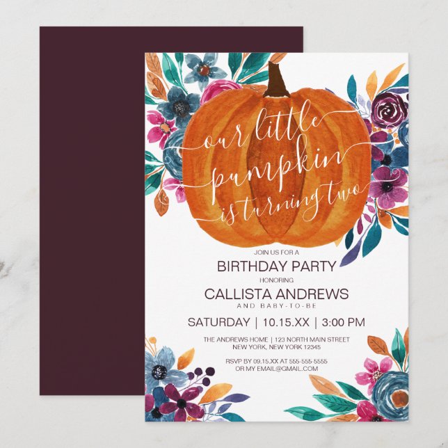 Little Pumpkin Fall Floral Watercolor Birthday Invitation (Front/Back)