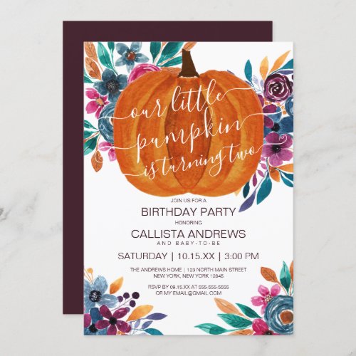 Little Pumpkin Fall Floral Watercolor Birthday Invitation