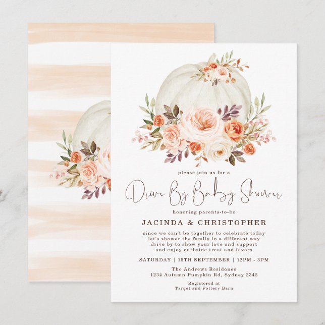 Little Pumpkin Fall Flower Drive By Baby Shower Invitation (Front/Back)