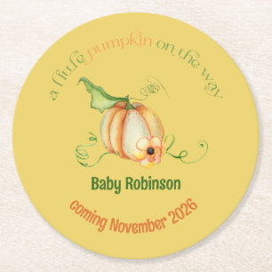 Little Pumpkin Fall Gender Neutral Baby Shower Round Paper Coaster