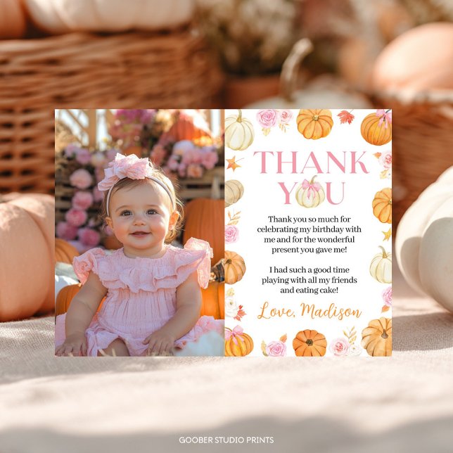 Little Pumpkin Fall Girl Birthday Photo Thank You Card (Creator Uploaded)