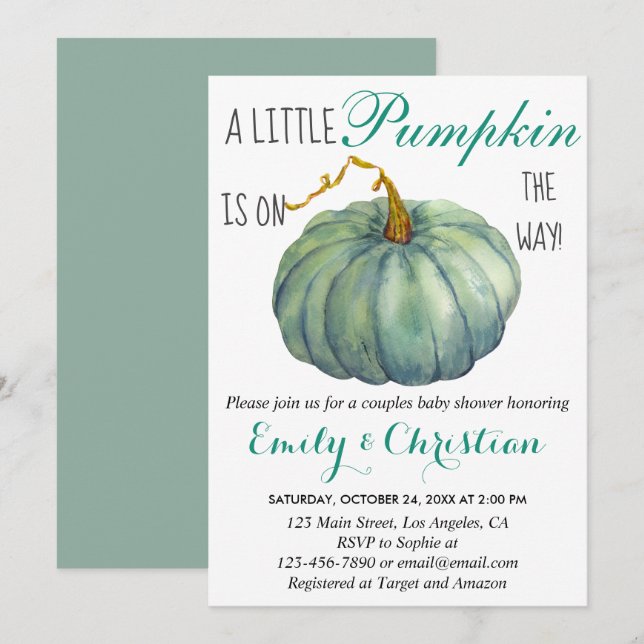 Little Pumpkin Fall Green Couples Baby Shower Invitation (Front/Back)