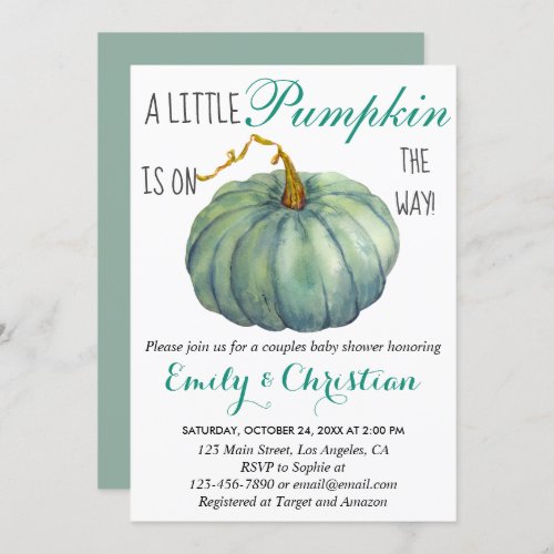 Little Pumpkin Fall Green Couples Baby Shower Invitation