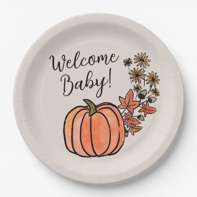 Little Pumpkin Fall Harvest Welcome Baby Shower Paper Plates (Front)