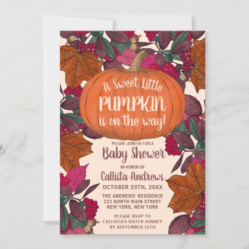 Little Pumpkin Fall Leaves and Berries Baby Shower Invitation