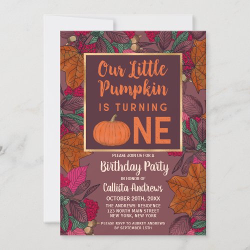 Little Pumpkin Fall Leaves and Berries Birthday Invitation