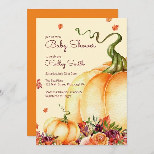 Little pumpkin fall leaves baby shower  invitation