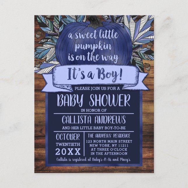 Little Pumpkin Fall Leaves Blue Wood Baby Shower Invitation Postcard (Front)