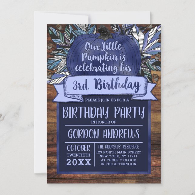 Little Pumpkin Fall Leaves Navy Blue Wood Birthday Invitation (Front)