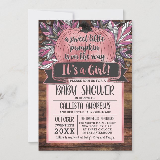 Little Pumpkin Fall Leaves Pink Wood Baby Shower Invitation (Front)