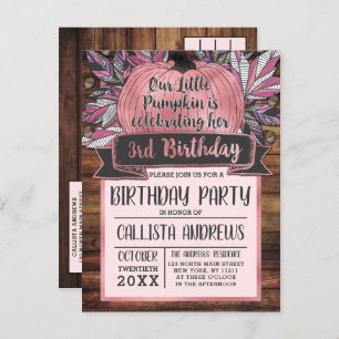 Little Pumpkin Fall Leaves Pink Wood Birthday Invitation Postcard