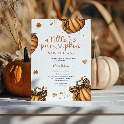 Little Pumpkin Fall Minimalist Retro Leopard Bow Invitation