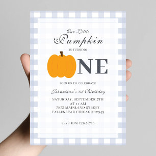Little Pumpkin Fall Pastel Blue First Birthday Invitation