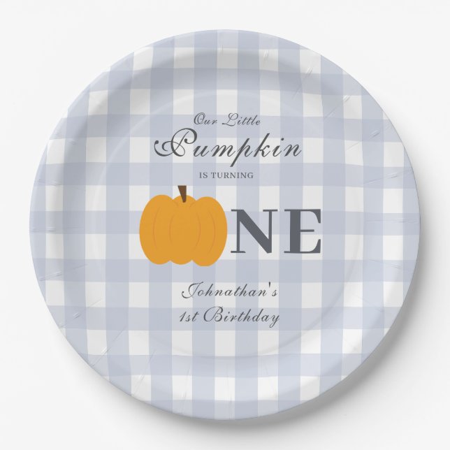 Little Pumpkin Fall Pastel Blue First Birthday  Paper Plates (Front)