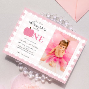 Little Pumpkin Fall Pastel Pink 1st Birthday Photo Invitation