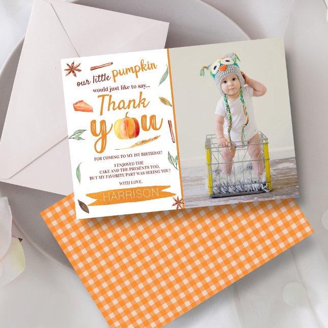 Little Pumpkin Fall Photo 1st Birthday Thank You Card (Creator Uploaded)
