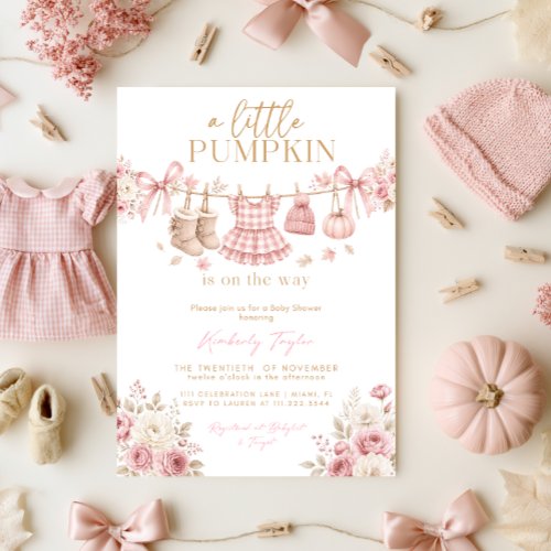 Little Pumpkin Fall Pink Girl Clothes Baby Shower Invitation