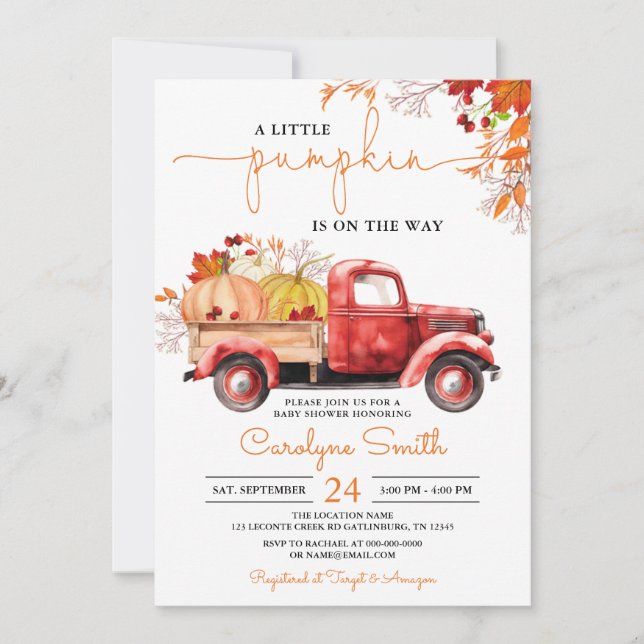 Little Pumpkin Fall Red Truck Baby Shower Invitation (Front)