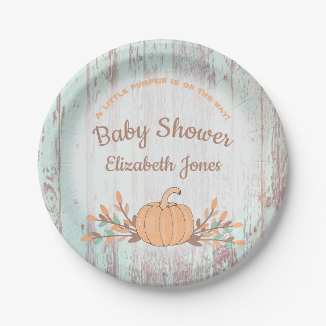 Little Pumpkin Fall Rustic Baby Shower Paper Plates (Front)
