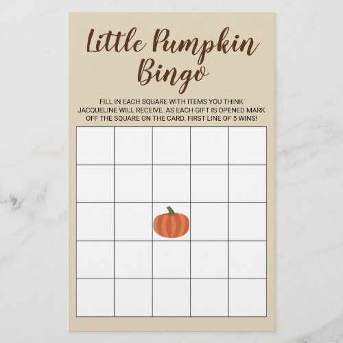 Little Pumpkin Fall Tan Baby Shower Bingo Card