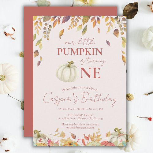 Little Pumpkin Fall Watercolor 1st Birthday Invitation