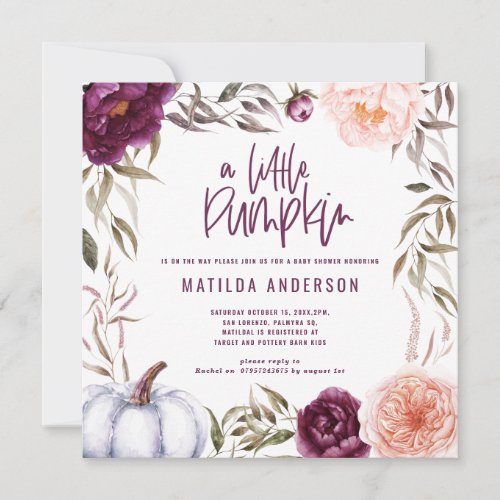 Little pumpkin fall watercolor floral baby shower