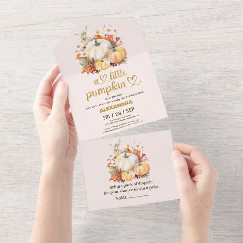 Little pumpkin fall watercolor floral baby shower all in one invitation