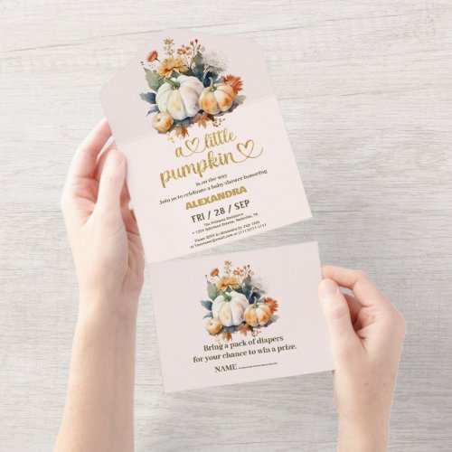 Little pumpkin fall watercolor floral baby shower all in one invitation