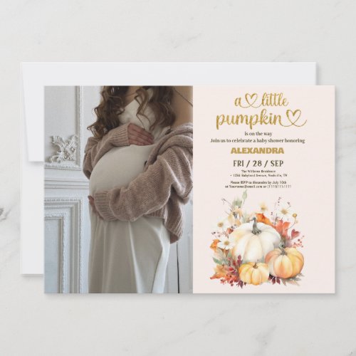 Little pumpkin fall watercolor floral baby shower invitation