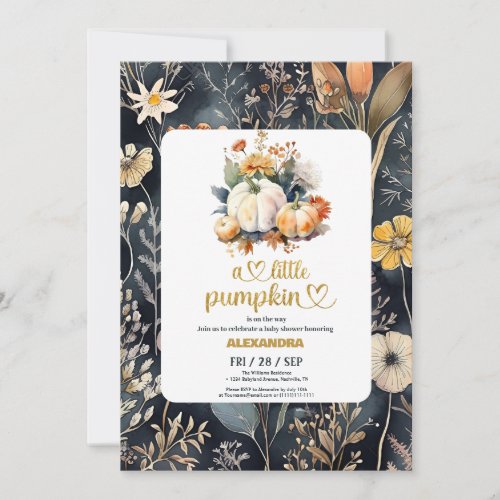 Little pumpkin fall watercolor floral baby shower invitation